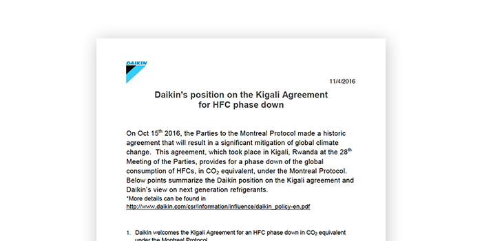 Daikin has released its position on Kigali Agreement for HFC phase down